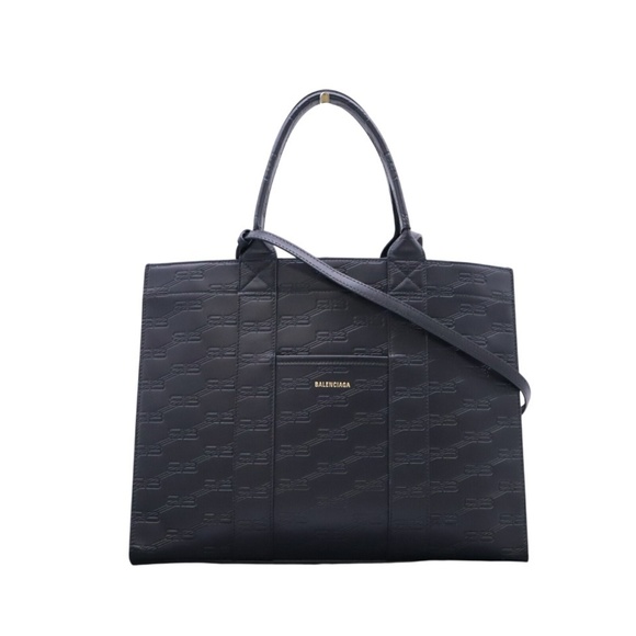 BALENCIAGA BB Monogram Hardware 2-Way Leather Tote Bag 714177 Black Leather...